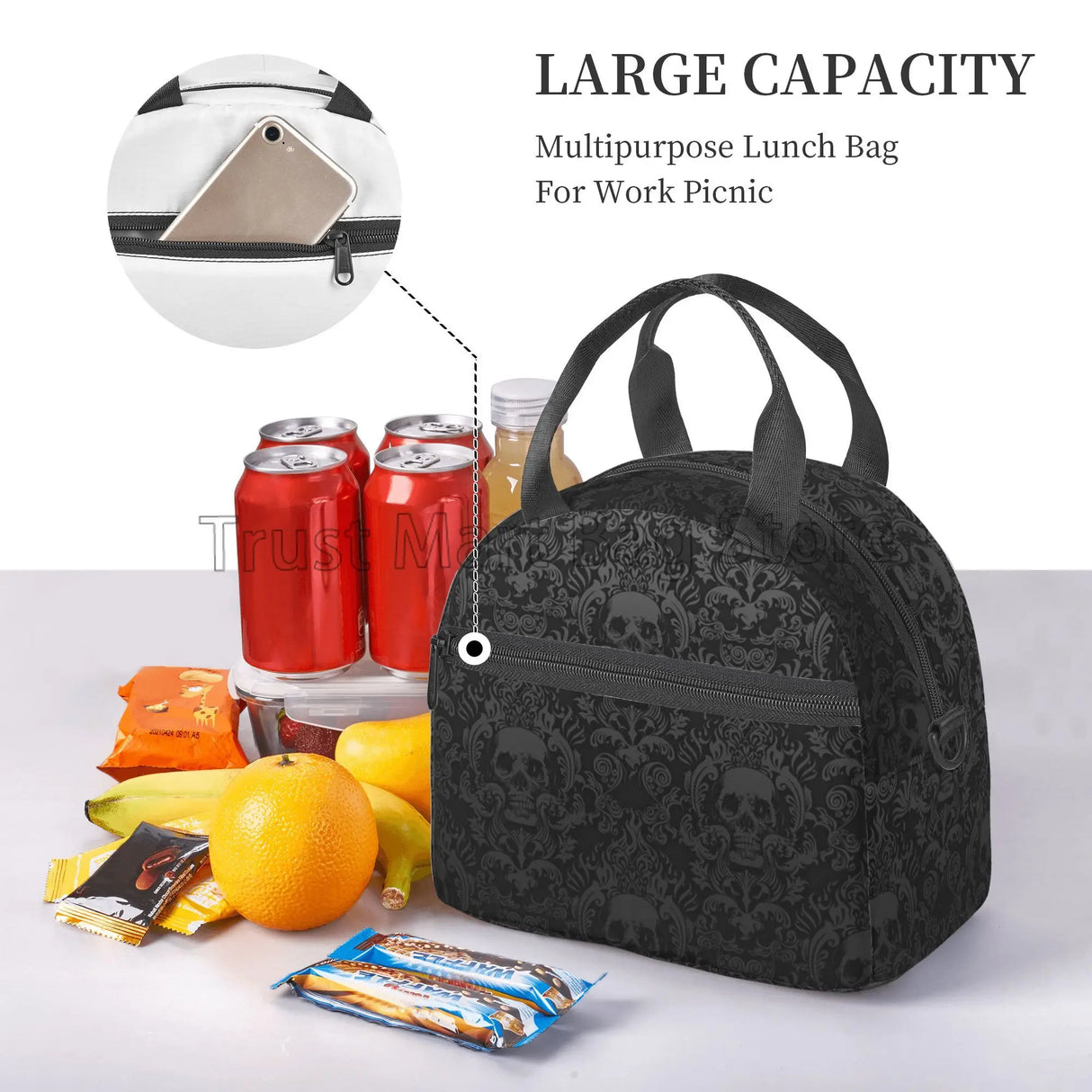 Gothic Black Skull Damask Insulated Lunch Bag Unisex Lunch Box with Detachable Shoulder Strap Reusable Thermal Cooler Tote Bag