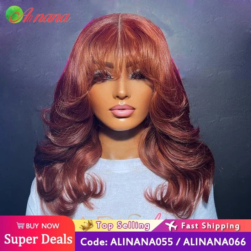 Reddish Brown Color Body Wave With Bangs 13x6 Lace Frontal Wig Brazilian Remy Human Hair Wig For Women 4x6 Glueless Wear Go Wig