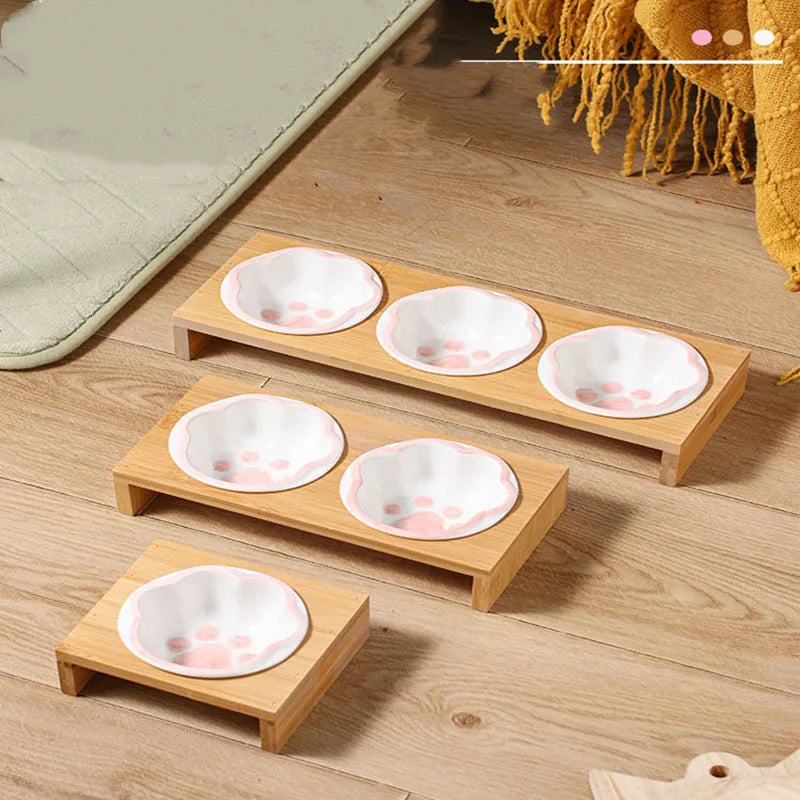 Fashion Cartoon Paw Design Pet Bowls Raised Dog Cat Feeder Solid Wooden Stand Ceramic Food Feeding Bowl Cats Puppy Accessories