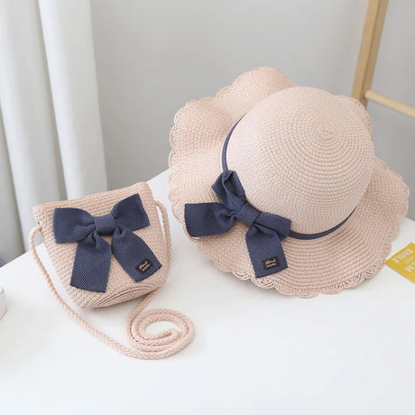 2pcs Set Summer Straw Hat With Bag For Girls Casual Bowknot Sunhat Children Protection Visor Caps Outdoor Beach Bucket Hat