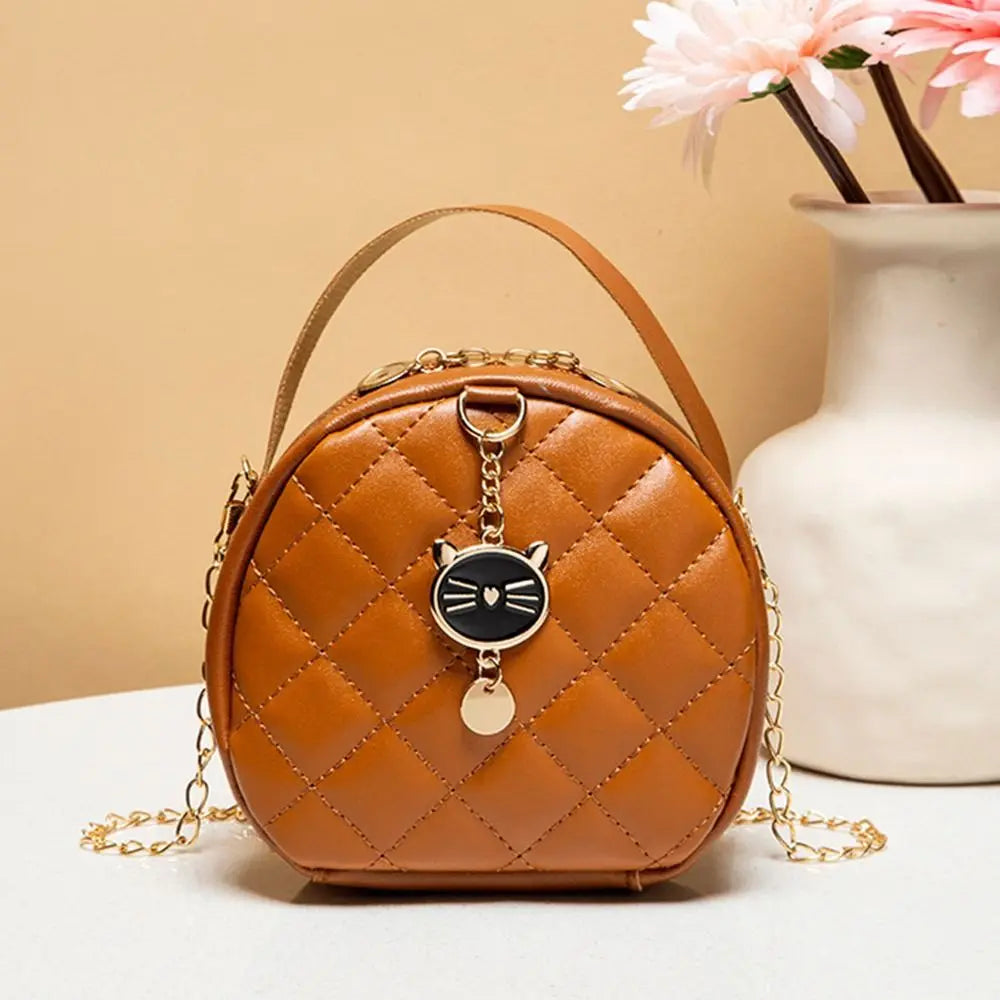 Women Chain Shoulder Bags Round Handbags Ladies Cute Cat PU Leather Female Crossbody Messenger Bag