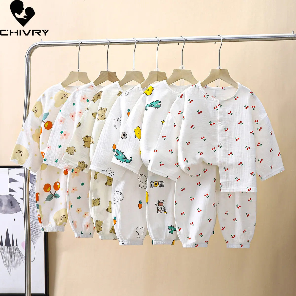 Kids Summer Thin Pajamas Sets New 2023 Boys Girls Cartoon Three-quarter Sleeve Cotton Yarn Shirt Tops with Pants Baby Loungewear