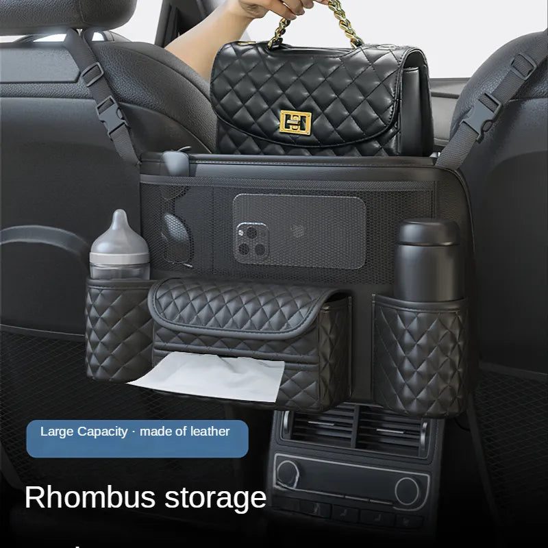 Leather Car Seat Middle Hanger Storage Bag Luxury Auto Handbag Holder Between Seats Tissue Water Cup Pockets Stowing Tidying