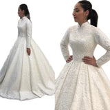 Gorgeous white wedding dress with high neck long sleeve lace applique beaded pearl floor-length bridal gown for women