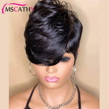 Short Pixie Cut Remy Human Hair Wigs Ready To Wear Glueless Straight Natural Color Full Machine Made Bob Wig With Bangs