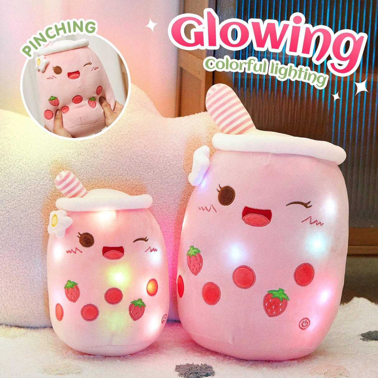 26-38cm LED Light Milk Tea Doll Plush Toy Green Pink Soft Cute Throw Pillows Strawberry Stuffed Animals for Girls Birthday Gift