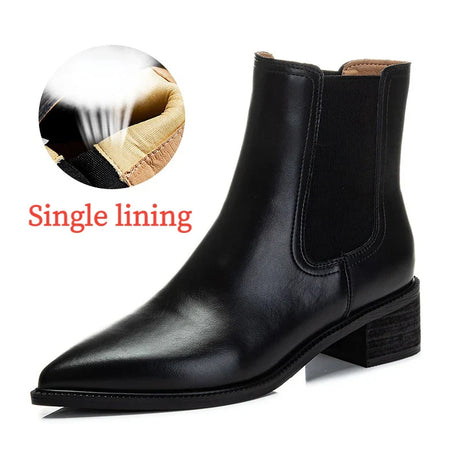 CICIYANG Pointed Chelsea Boots Women Genuine Leather Chimney Boots 2024 Spring New Thick Heel Fur Casual Black Ankle Boot Ladies