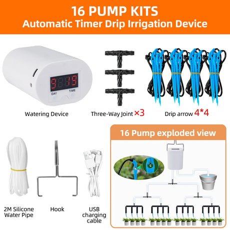 Automatic Plant Flower Watering Pump Home Sprinkler Drip Irrigation Device 2/4/8/16 Heads Pump Timer System Kit Garden Tool