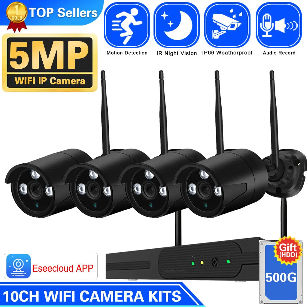 Wireless Wifi Camera Kit 5MP Audio Smart AI Human Detection Outdoor Security Camera 10CH NVR Video Surveillance System Eseecloud