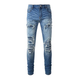 Men Stretch Denim Biker Jeans Classic Blue Pleated Patch Patchwork Ripped Pants Streetwear Skinny Tapered Trousers