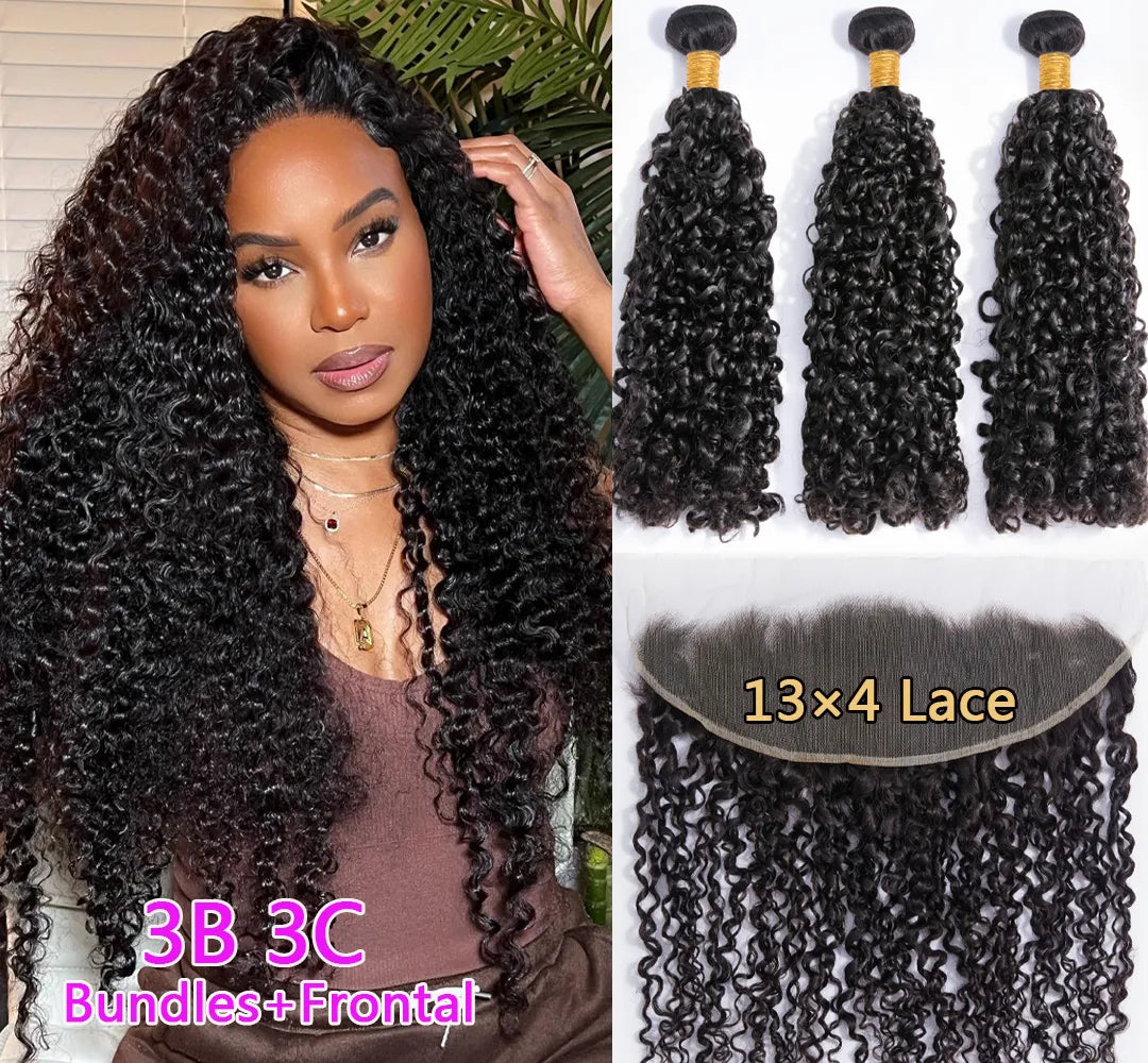 Brazilian 3B 3C Spirals Curly Bundles With Frontal 10A Pixie Curl  Virgin Human Hair Extension Kinky Curly Weave With Closure