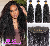 Brazilian 3B 3C Spirals Curly Bundles With Frontal 10A Pixie Curl  Virgin Human Hair Extension Kinky Curly Weave With Closure