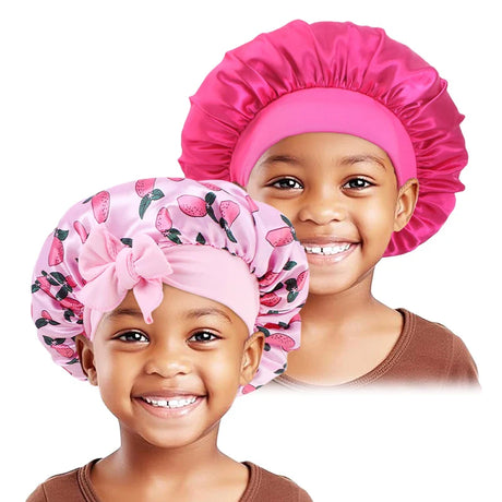 2PCS/LOT Solid Color Nightcap For Kids Wide Edge Printed Bow Sleep Hat Cute Baby Turban Multicolor Set Satin Beanie For Girls