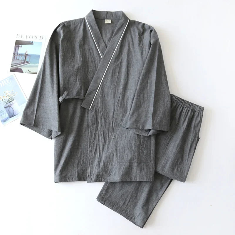 New 2024 Men's Solid Japanese Kimono Pajamas Casual Sleepwear Male Lace-Up Top and Pants Sets Soft Two-piece Homewear Suit Male