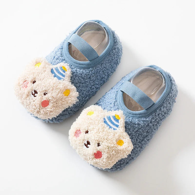 Cartoon Bear Baby Shoes Winter Thick Warm Newborn Shoes Non-slip Soled Soft Plush Toddler Kids Boy Girls Infant First Walkers