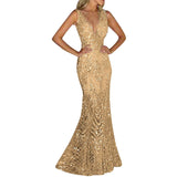 Gold Glitter Luxury Hollow Annual Meeting Evening Gown Women's Sleeveless Sexy Halter Backless V-Neck Long Dress