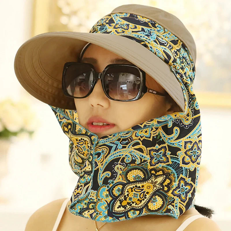 Fashion Women Summer Outdoor Riding Anti-UV Sun Hat Beach Foldable Sunscreen Floral Print Caps Neck Face Wide Brim Hat