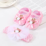 0~18M Cute Bowknot Newborn Baby Shoes Headband Set Anti Slip Toddler Infant First Walker Baby Girls Newborn Soft Sole Pink Shoes