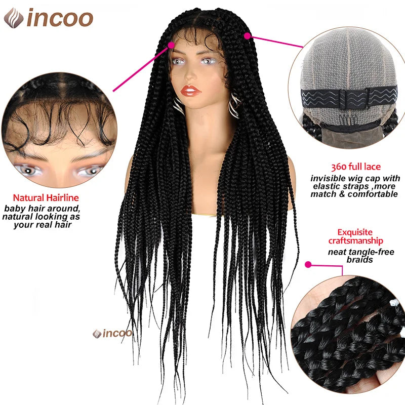 Synthetic Large Box Braided Wigs Jumbo Knotless Full Lace Front Wigs For Black Women Jumbo Tribal Braids Faux Locs Cornrows Wig