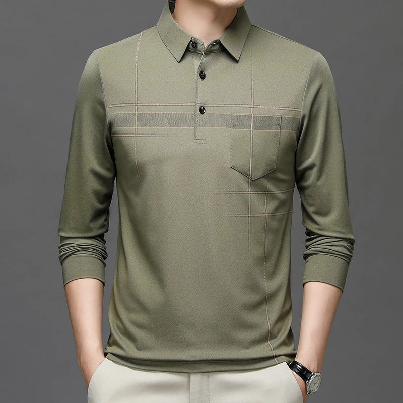 Spring Autumn Striped Business Polo Shirt Men's Long Sleeve Pullover T Shirt Turn-down Collar Tops