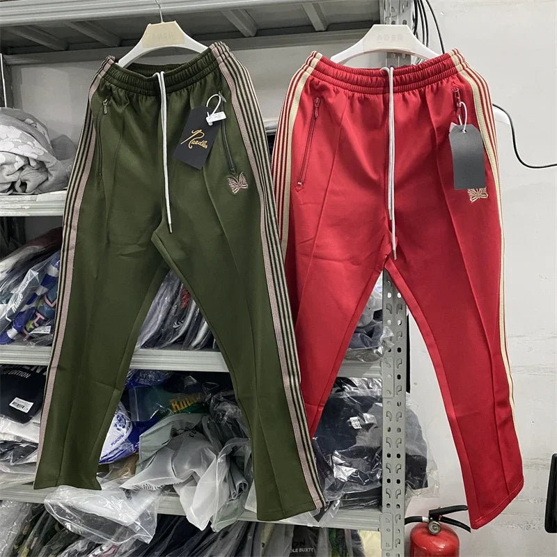 New Army Green Needles Pants Men Women 1:1  Embroidered Butterfly Track Pants Straight AWGE Trousers