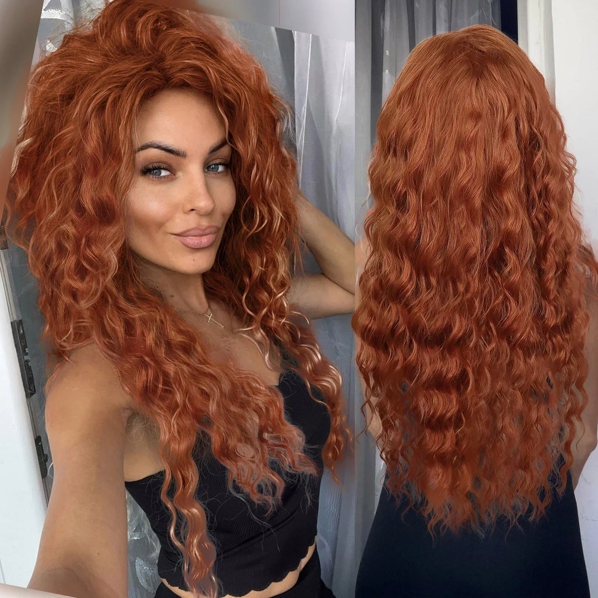 GNIMEGIL Synthetic Long Wave Wig for Woman Natural Brown Wig with Clip Free Part Side Bangs 80s Curly Wigs for Women Ombre Wig