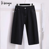 Plus Size Capris Jeans Bermudas Women 7xl Extra Large Simple Classic Elastic High Waist Straight Leg Cropped Demin Pants Female