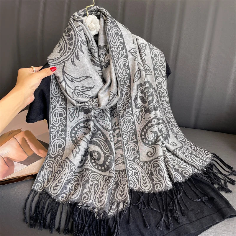 Luxury Pashmina Silk Scarf Shawl Wrap Paisley Jacquard Flowers Borders  Layers Reversible Classic Tassels For Women 70X190cm