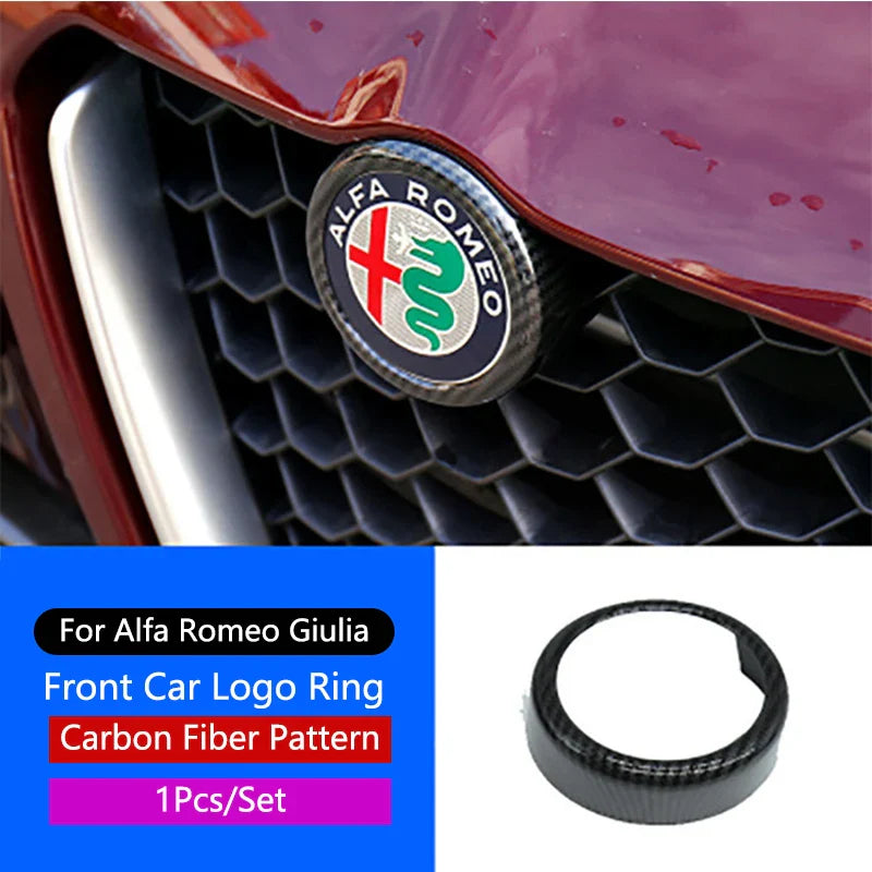 QHCP ABS Car Front/Rear Emblem Decorative Frame Sticker Trims Carbon Fiber Style Black For Alfa Romeo Giulia Stelvio Car Styling