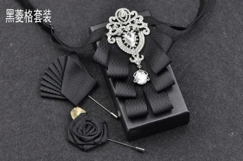 Luxury Black Rhinestone Bow Tie British High-end Men's Boy Business Wedding Suit Shirt Collar Flowers Sets Handmade Jewelry Gift