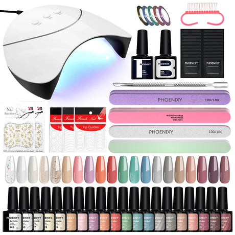 PHOENIXY Gel Nail Polish Set with 36W Nail Lamp Semi Permanent UV Gel Varnish Base Top Coat Complete Nail Art Gel Polish Kit