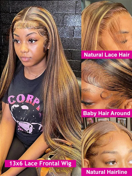 Wear Go Glueless Wig Ombre Honey Blonde Straight Lace Front Wig Human Hair Colored Highlight 13x6 HD Lace Frontal Wig 30 34 Inch