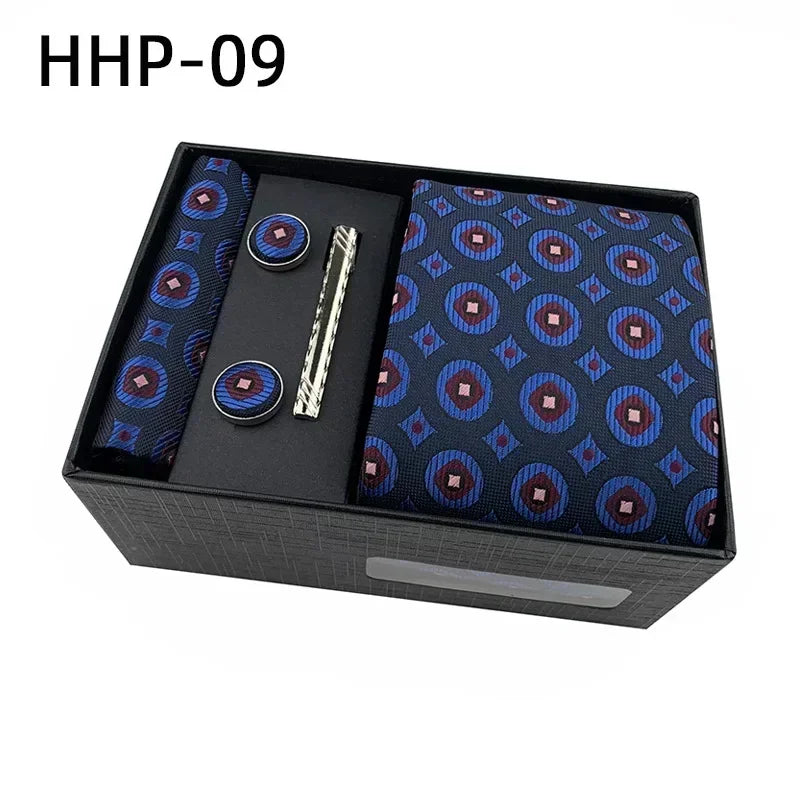 Luxury Tie Set Gift Box for Men Jacquard Necktie and Pocket Square Clip Cufflinks Red Black Blue Handkerchief Formal Gift