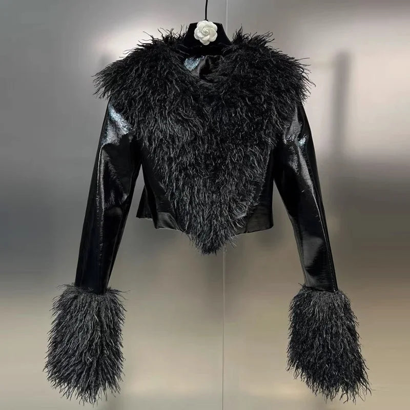 2023 New Autumn Winter Large Lapel Simulated Lamb Fur Shiny Finish Lacquer Leather Cropped Jacket Women Party Coat Outwear