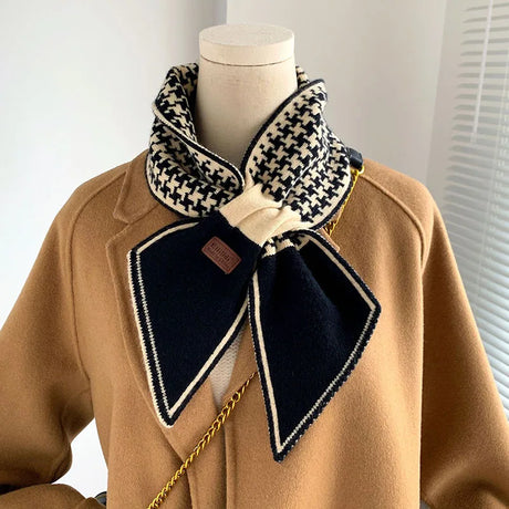 Warm Cashmere Neck Tie Scarf For Women Plaid Neckerchief Knitted Scarfs Long Skinny Small Scarves Bandana Female Foulard 2022