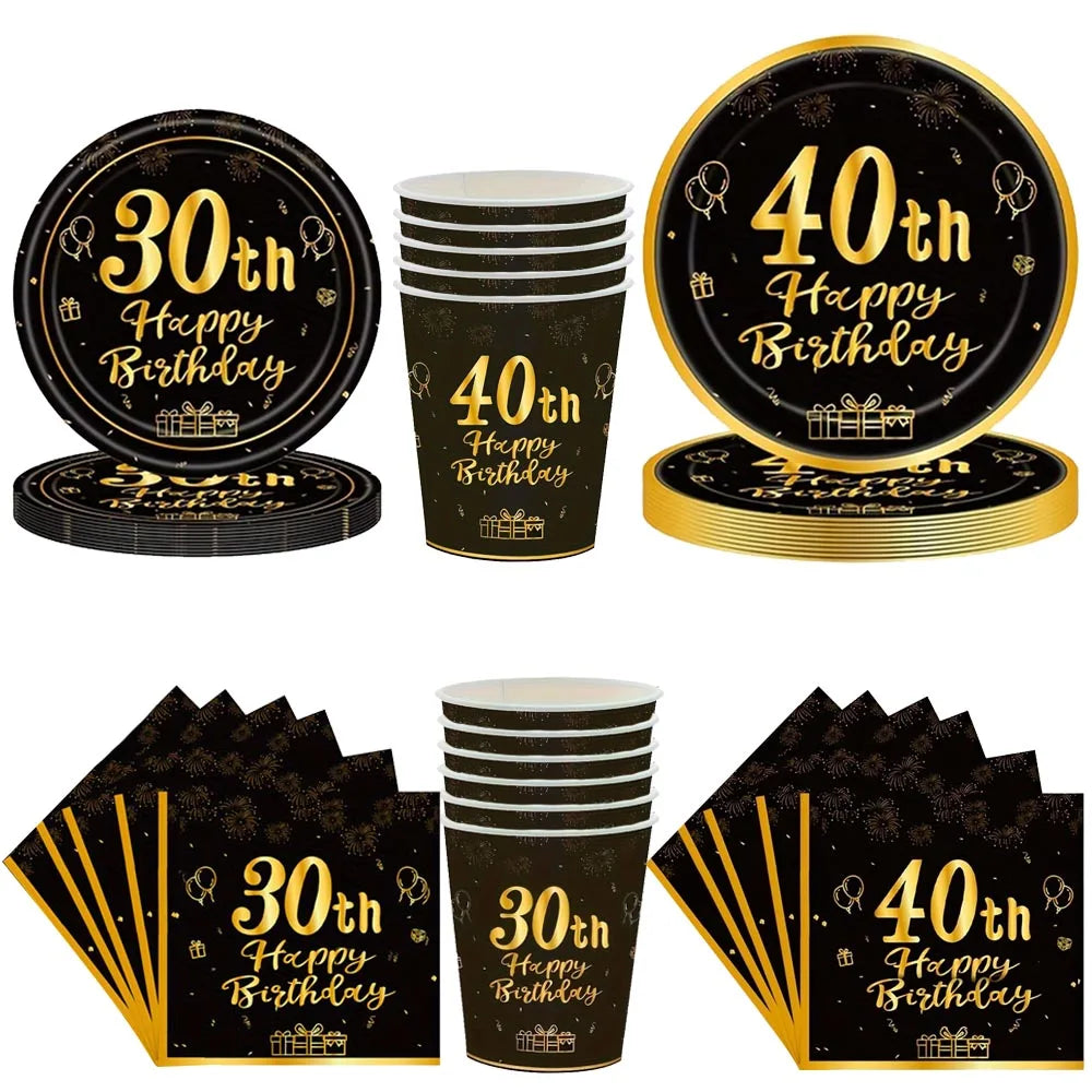 30th 40th Birthday Black Gold Men Women Party Supplies Plates Decoration Disposable Paper Tableware Cups Napkins Vintage Party
