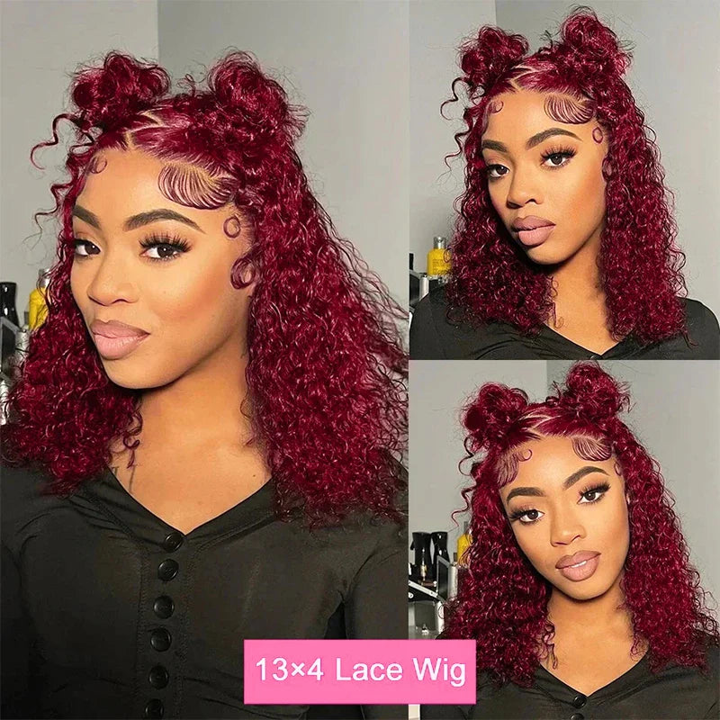 99J Burgundy Deep Wave Red Water Bob Wigs Glueless Human Hair Wigs 13x4 HD Transparent Lace Frontal Wigs Curly Wigs For Women