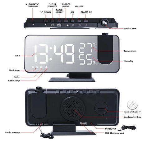 FM Radio Digital Alarm Clock Temp Humidity with 180°  Time Projector Electronic Table Clock 12/24H Snooze Projection LED Clock