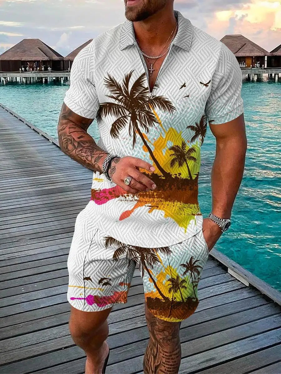 Hawaiian Polo Set Men Tracksuit Sets Summer 3D Beach Outfits Polo Shirt Shorts 2pcs Sets Zipper Coconut Tree Casual man Clothing