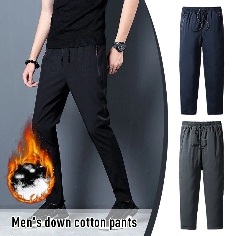 Men Winter Warm Pant Thicken Waterproof Down Cotton Lined Casual Sport Pants Joggers Trousers Cotton-padded Solid Lace-up Pant