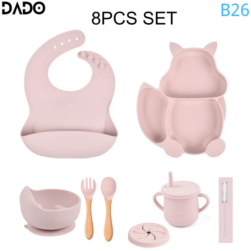 Baby Feeding Set Silicone Suction Bowls Divided Plates Straw Sippy Cup Toddler Self Eating Utensils Dishes Kit Bibs Spoons Fork