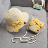 2pcs Set Summer Straw Hat With Bag For Girls Casual Bowknot Sunhat Children Protection Visor Caps Outdoor Beach Bucket Hat