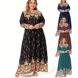 Plus size women's spring & summer round neck polyester non-elastic band ethnic print fashionable simple long-sleeved long dress。