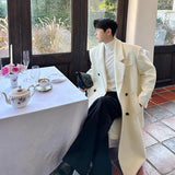 IEFB Men Woolen Coat Autumn Winter Korean Fashion Versatile Thickened Double Breasted 2023 Solid Color Male Trench Overknee