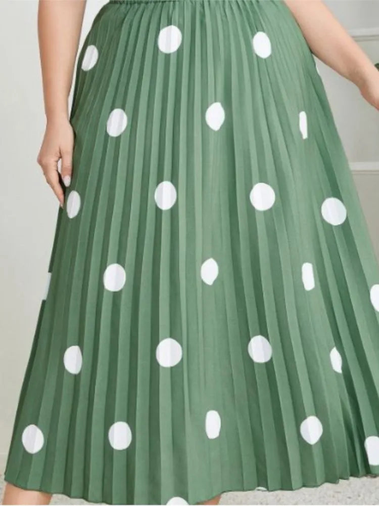 Plus Size Spring Midi Polka Dot Print Skirt Women Ruffle Pleated Loose Modis Office Ladies Skirts Elastic High Waist Woman Skirt