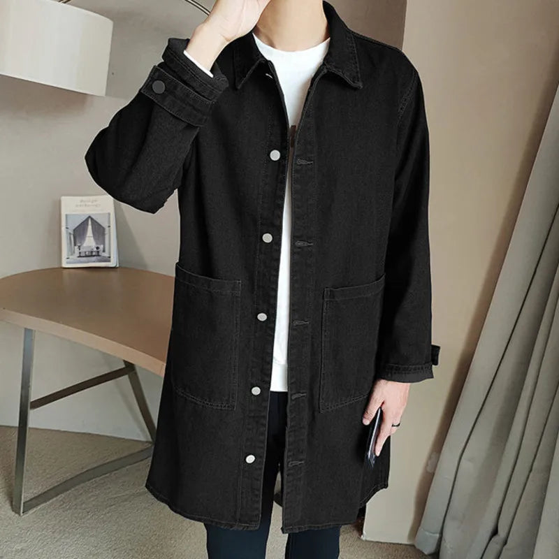 Mid-length Denim Windbreaker Jacket Men Spring Autumn Casual Trench Coat Korean Fashion Solid Wild Loose Male Trendy Outerwear