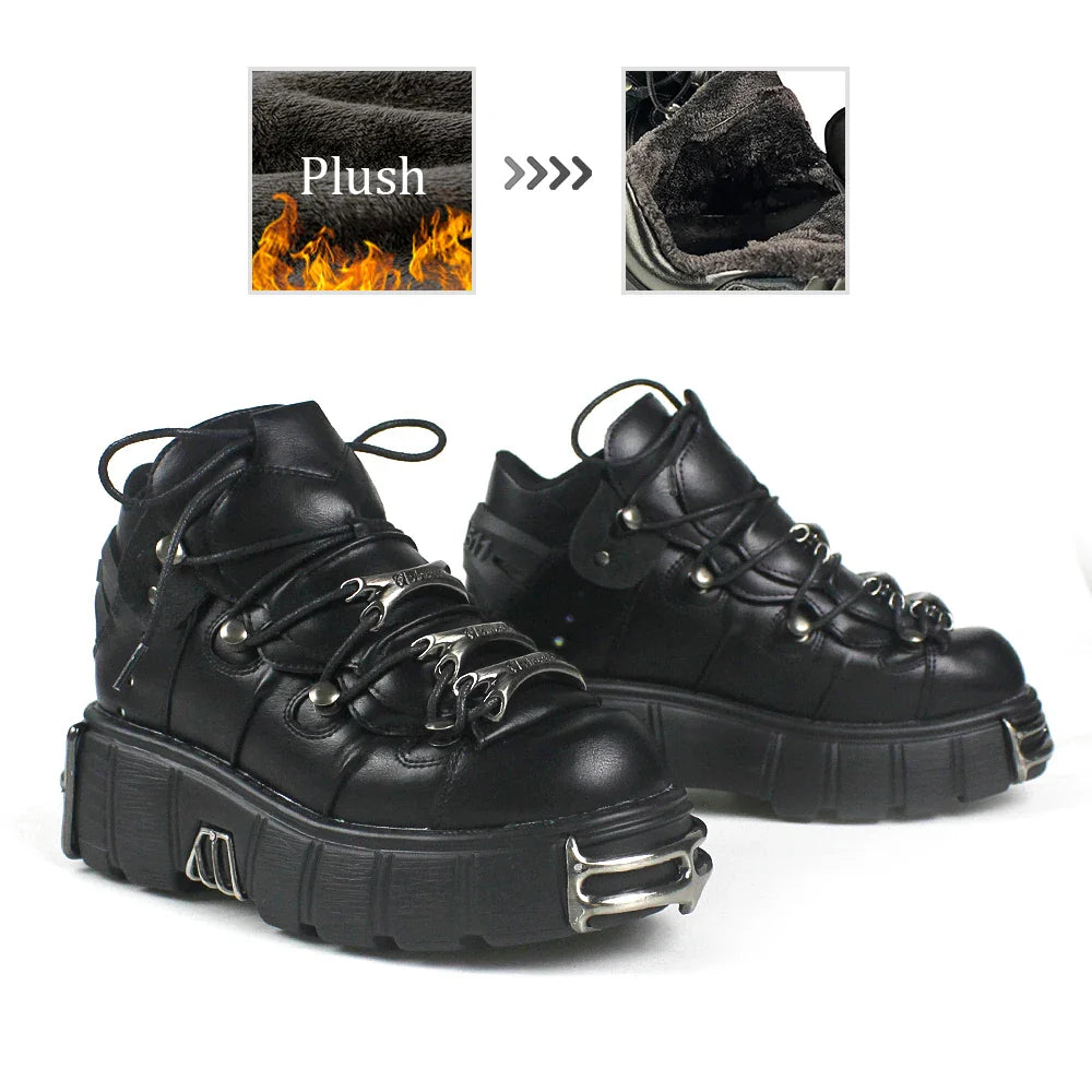 2023 NEW Punk Style Women Shoes Lace-up heel height 6CM Platform Shoes Woman Gothic Ankle Rock Boots Metal Decor Woman Sneakers