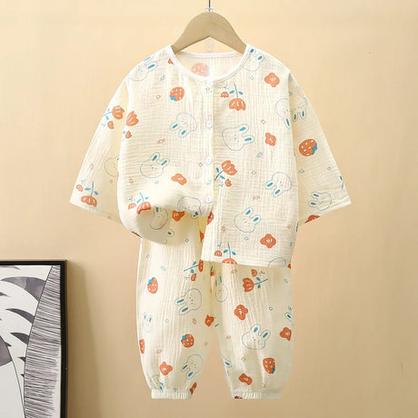 Kids Summer Thin Pajamas Sets New 2023 Boys Girls Cartoon Three-quarter Sleeve Cotton Yarn Shirt Tops with Pants Baby Loungewear