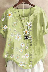 Plus Size Daisy-Print Cotton Linen Shirt Casual Summer Women O-Neck Short Sleeve Pullover Top Fashion Street Flower Blouse