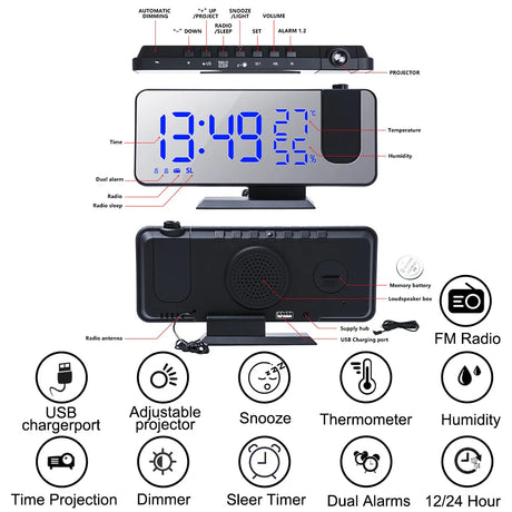 FM Radio LED Digital Smart Alarm Clock Watch Table Electronic Desktop Clocks USB Wake Up Clock with 180° Time Projection Snooze